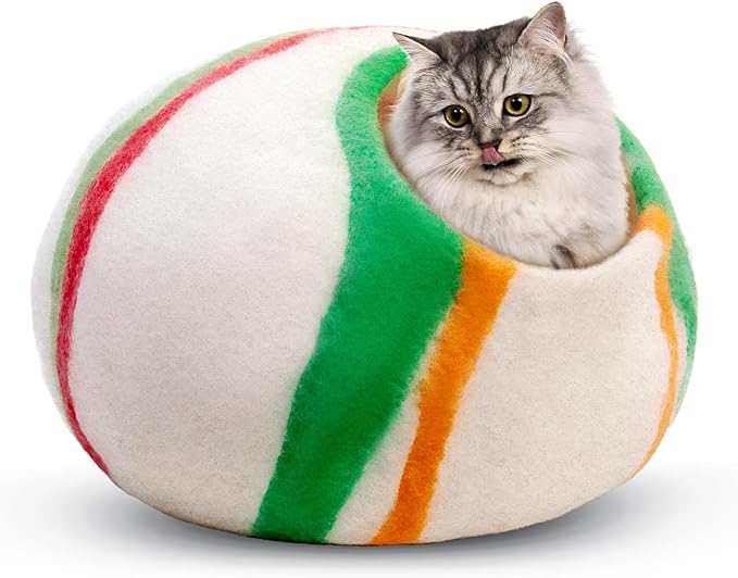Woolygon Premium Felt Cat Cave Bed โ Wool Kitty Beds Handcrafted Kitten Caves Bed for Indoor Cats - Made from 100% Eco-Friendly Merino Wool, Foldable Cat Hidewawy Covered Cat House Pod (Candy Swirl)