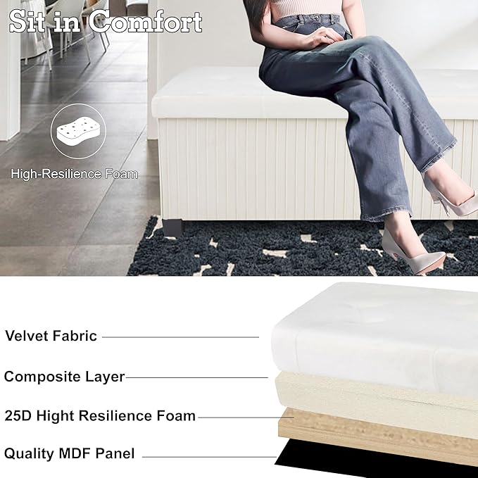 Storage Ottoman Bench, 43 Inch Foldable Ottoman with Legs, Velvet Foot Rest Stool, End of Bed Bench, Storage Chest for Living Room, Bedroom (Beige)