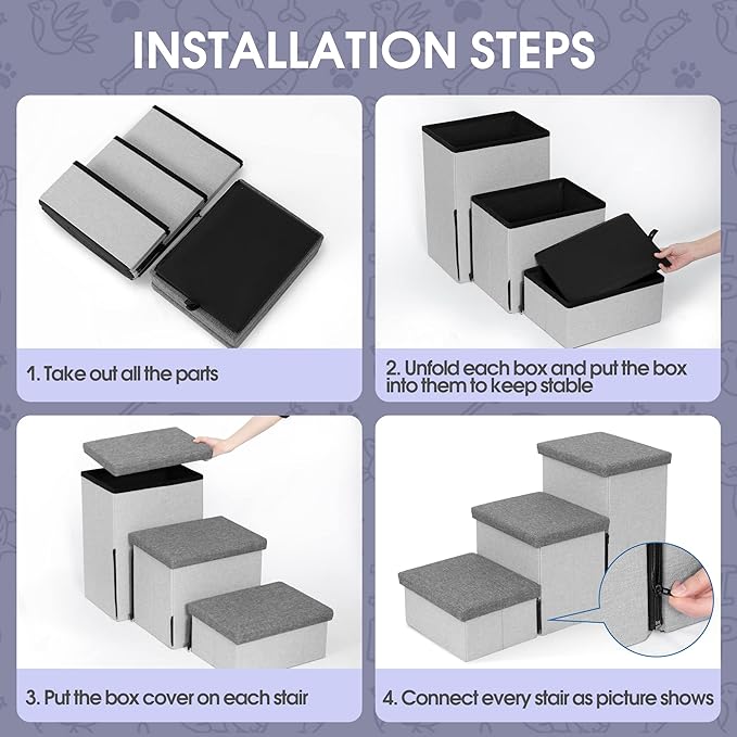 Heeyoo Dog Stairs with Storage, Foldable Dog Steps for Small Dogs, 3 Tiers Non-Slip Pet Stairs for High Beds Or Couch and Sofa, Hold up to 200 lbs Pet Cat