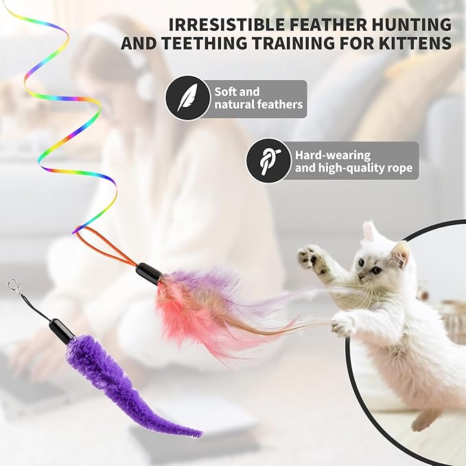 Interactive Cat Toys for Indoor Cats,Enrichment Stimulation Toys, Electric Hanging Door Clip Ribbon Kitty Toy,Automatic Play Chase Exercise Feather Toys for Bored Indoor Adult & Kitten Cats(White)