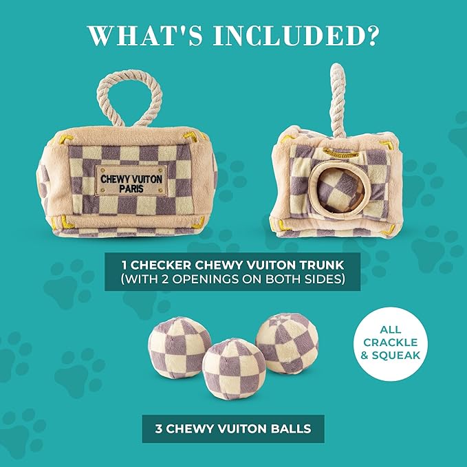 Haute Diggity Dog Checker Chewy Vuiton Trunk Activity House, Plush Designer Dog Toys with Interactive Squeaker, Stimulating Pet Enrichment, Machine-Washable & Safe Materials for All Breeds, One Size