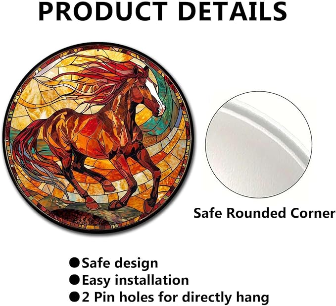 Lygond Metal Sign Tin Sign Circular Stained Glass American Mustang Garden Tin Sign for Gift 8×8 Inches