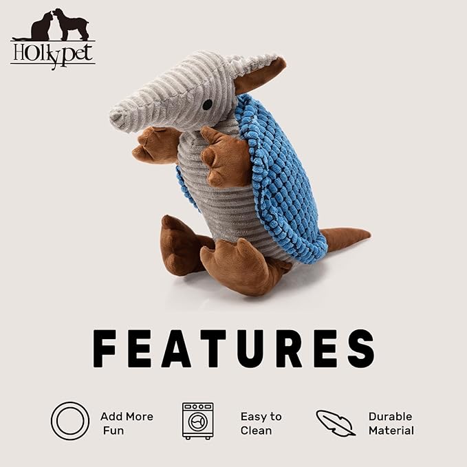 Hollypet Plush Dog Squeaky Toy Stuffed Armadillo Animal Pet Puppy Chew Toys with Clean Teeth for Small Medium Large All Breed Sizes Dogs, Blue, 10 in
