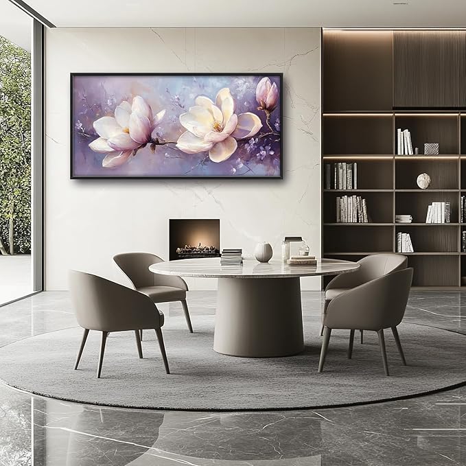 Large Floral Landscape Wall Art for Living Room, Purple Flower Canvas Oversized Wall Decor, Aesthetics Framed Pictures Painting Print Artwork for Bedroom Office 60L" x 30W"