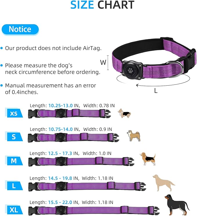 Upgraded AirTag Dog Collar, IP68 Waterproof Air Tag Dog Collar Holder, Reflective, Ultra-Durable, Comfortable Padded, Heavy Duty Dog Collars for Small Medium Large Dogs (L (14.8"-20.3"), Purple)