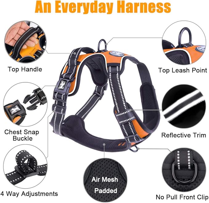 PoyPet No Pull Dog Harness, Reflective Comfortable Vest Harness with Front & Back 2 Leash Attachments and Easy Control Handle Adjustable Soft Padded Pet Vest for Small to Large Dogs (Orange,XS)