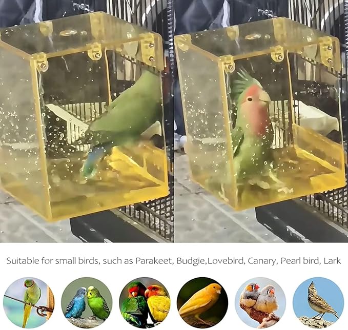 kathson 2PCS Parrot Bath Box Hanging Bird Bathtub Tub Bath Acrylic No-Leakage Shower Box Bowl Cage Accessory for Small Pet Bird Parakeet Canary Cockatiels Budgies Lovebirds(Yellow)