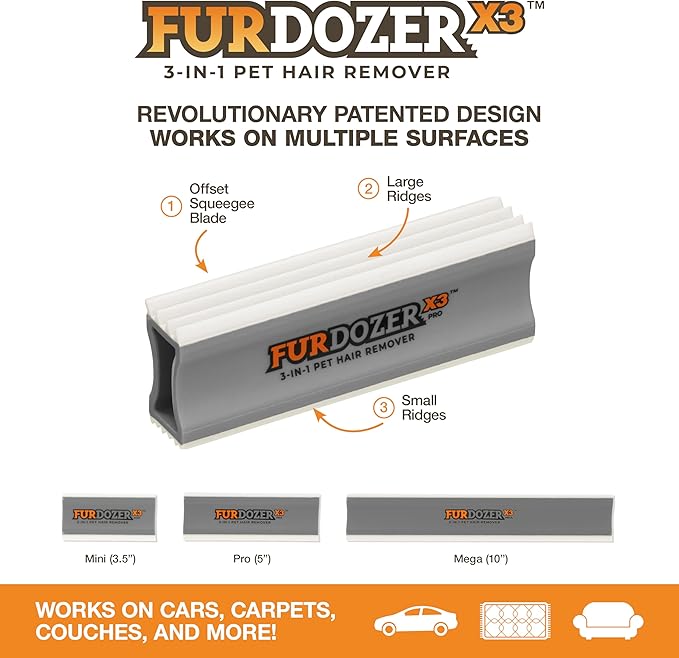 FurDozer X3 PRO Pet Hair Remover & Auto Detailing Tool - Cat & Dog Hair Remover for Carpets, Car Interiors, Couches, Bedding, & Furniture - Reusable Pet Hair Removal Tool for Dog Fur & Lint, 5", Grey