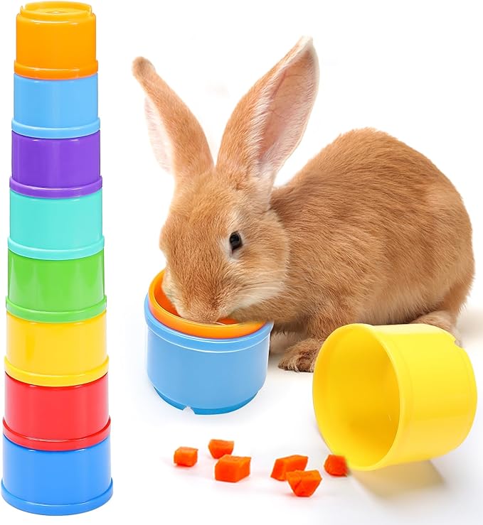 8 Pcs Stacking Cups for Rabbits - Safe Reusable Bunny Toys in Different Sizes, Durable Rainbow Colored Nesting Toys for Small Animals Bunny Hiding Food Playing Bunny Gifts