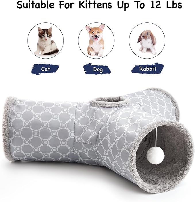 Tempcore Pet Cat Tunnel Tube Cat Toys 3 Way Collapsible, Cat Tunnels for Indoor Cats Fleece-Lined in for Warmth,Kitty Tunnel Bored Pet Toys Peek Hole Toy Ball Cat, Puppy, Kitten, Geometry Grey
