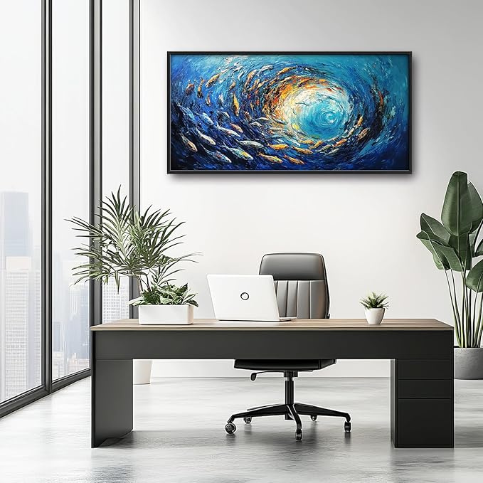 Extra Large Framed Abstract Ocean Fish Wall Art,Oversized Blue Sea Nautical Fish Wall Decor Pictures for Living Room,Canvas Print Painting Modern Artwork Bedroom Office Bathroom Home Decor 60L x30W