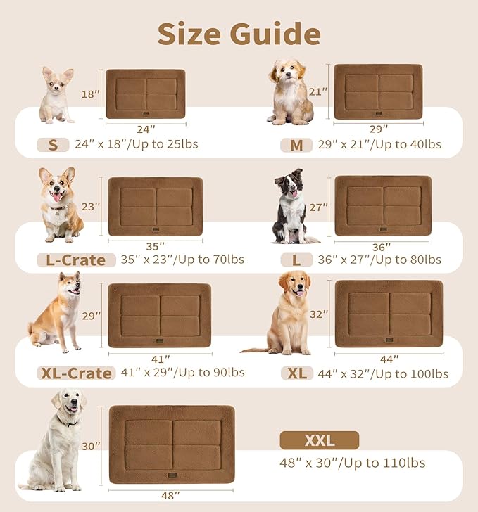 Made4Pets Dog Crate Pad Bed for Extra Large Dogs, Washable & Reversible, Anti-Slip Kennel Mat for Cozy Sleeping, Soft Fluffy Dog Bed for Indoor & Outdoor Use, 48"x30", Brown