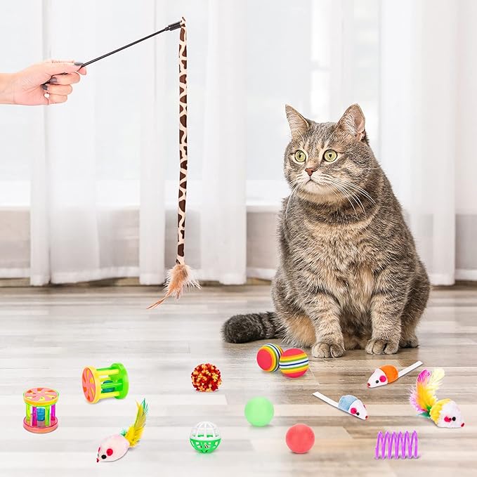 Retro Shaw Cat Toys Bundle 33 Pack, Interactive Kitten Toys for Indoor Cats Kitty with Collapsible Play Tunnel Tube Tent Feather Wand Teaser Bell Fuzzy Ball Springs Mouse Toy