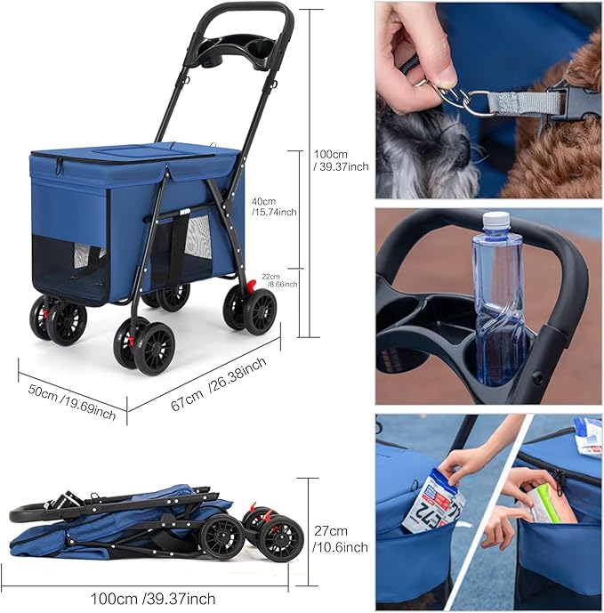 Pet Stroller Cat Dog Stroller Travel Folding Pet Carriers(Blue)
