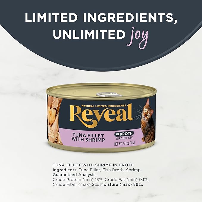 Reveal Natural Wet Cat Food, 24 Count, Grain Free, Limited Ingredient Canned Food for Cats, Tuna Fillet with Shrimp in Broth, 2.47 oz Cans