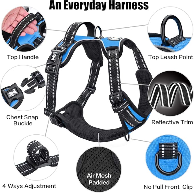 PoyPet No Pull Dog Harness, Reflective Comfortable Vest Harness with Front & Back 2 Leash Attachments and Easy Control Handle Adjustable Soft Padded Pet Vest for Small to Large Dogs (Blue,L)