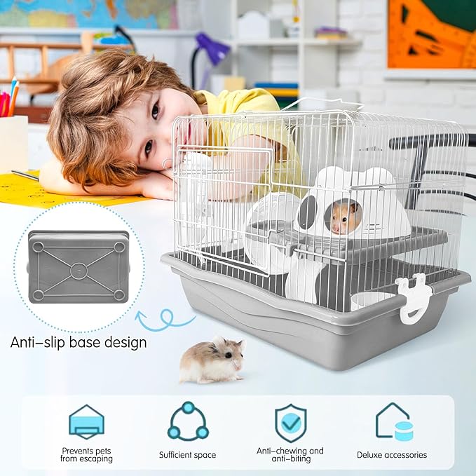 PINVNBY Dwarf Hamster Cage, Small Animal Cages, 2-Tier Travel Portable Mouse Cage Hamster Carrier with Castle House Running Exercise Wheels, Water Bottle and Food Dis(Gray)