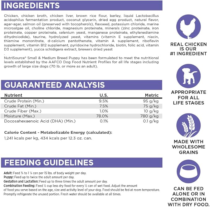 NutriSource Chicken & Rice Small & Medium Breed Puppy Food, Premium Wet Dog Food, 12.3 Ounce (Pack of 12)