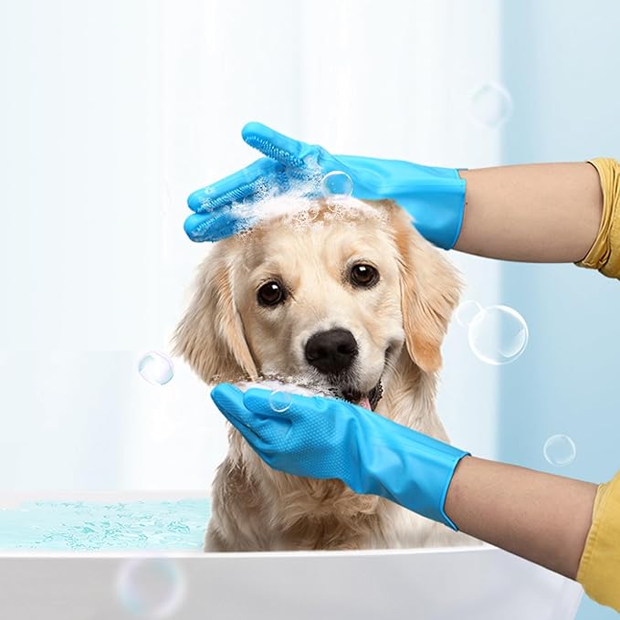 Pet Grooming Gloves,Heat-Resistant Silicone Gloves with High-Density Teeth for Enhanced Massaging and Bathing of Dogs and Cats (Blue, 2 Pair)