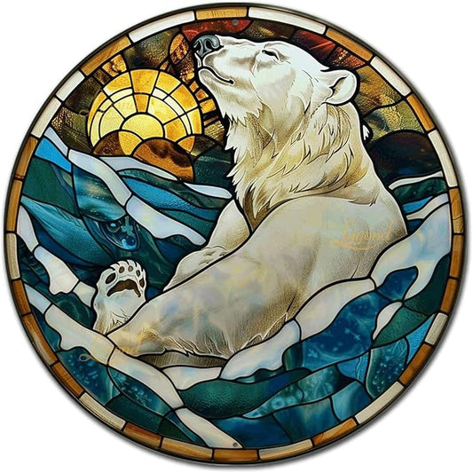 Lygond Metal Sign Tin Sign Circular Stained Glass Polar Bear Boho Decorations For Home For Gift 8×8 Inches
