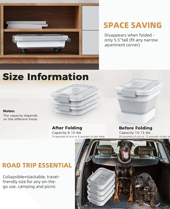 10-13 Lbs Dog Food Storage Container,Collapsible Dog Food Container with Transparent Airtight Lid,Pet Food Scoop and Dog Bowl,Multifunctional Food Storage Container for Pet Food,Rice,Flour