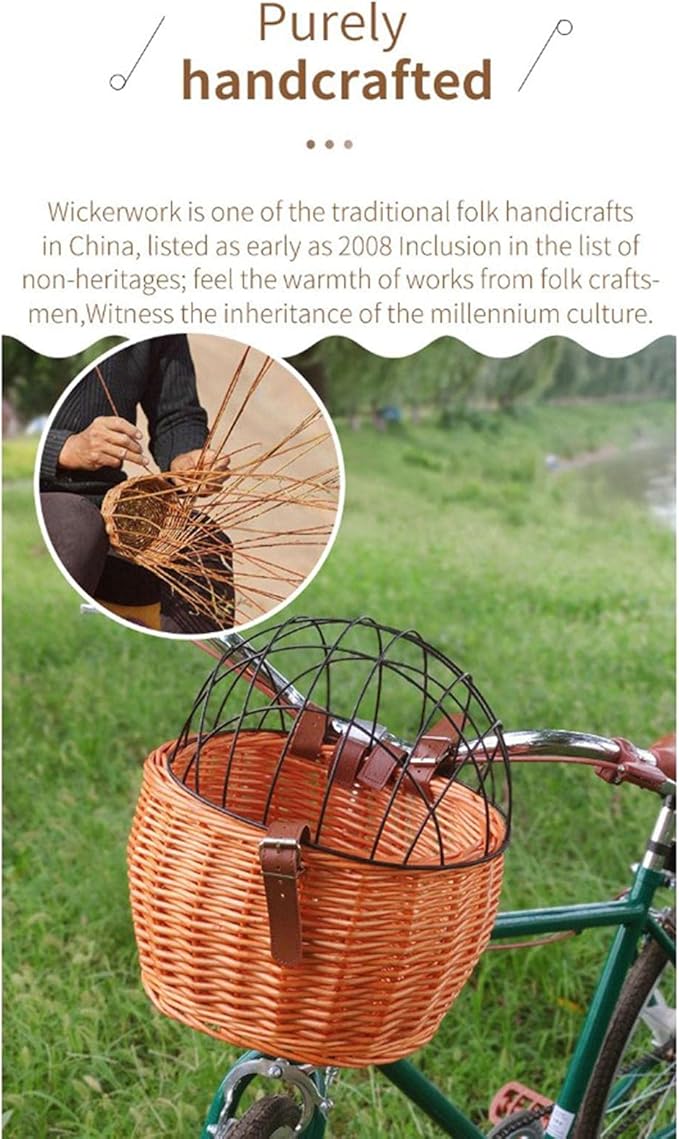 Bike Pet Basket, Wicker Bike Basket for Small Dogs Cats Pet Carrier Front Basket with Wire Mesh Cover and Lid, Wicker Basket for Dogs and Cats, Rattan Storage Basket, 11.81 * 9.84 inch (B)