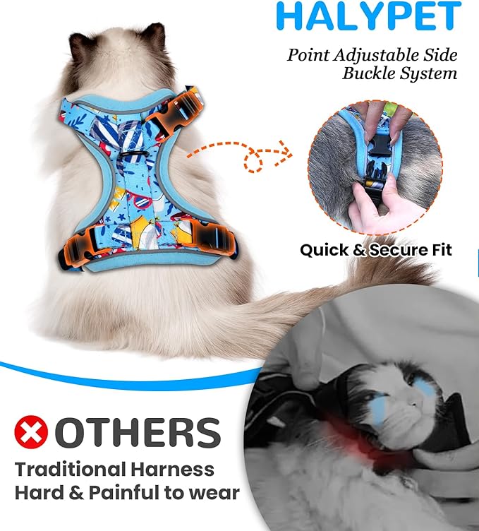 Halypet Cat Harness and Leash Set for Walking, Escape Proof Adjustable Vest Harness with 3-in-1 Integrated Buckles, Easy Control Soft Breathable Mesh with Reflective Strips for Cats, S, Azure Blue