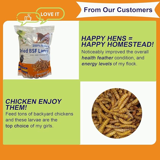 10lbs Dried Black Soldier Fly Larvae for Chickens - High Protein Chicken Food 100% Natural - BSF Larvae More Calcium Than Dried Mealworms, Chicken Treats for Laying Hens Ducks Birds