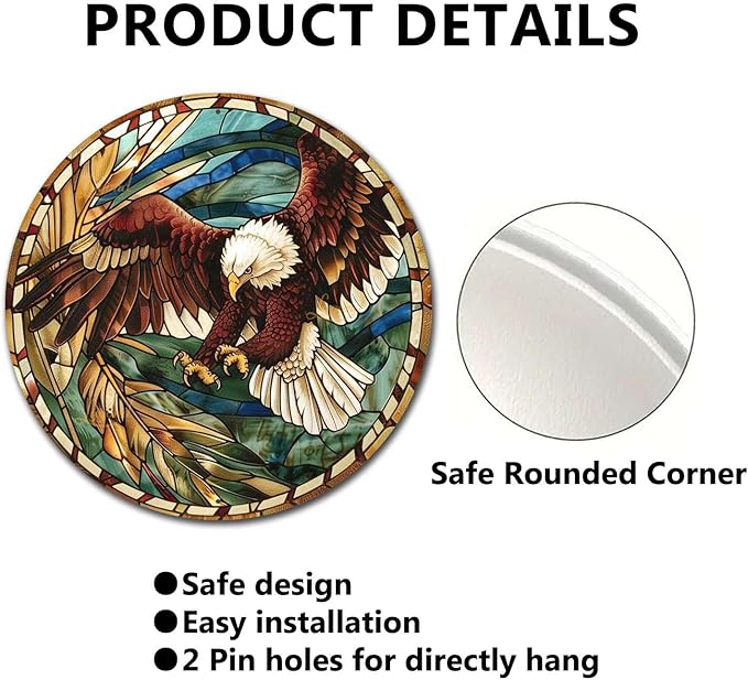 Lygond Metal Sign Tin Sign Circular Stained Glass Eagle Inspirational Wall Art for Garden 12×12 Inches