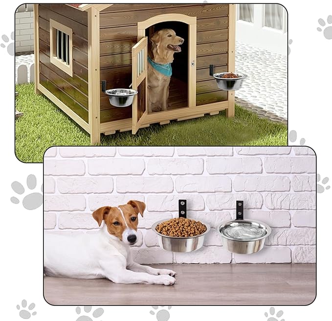 Hamiledyi 2 Pack Wall Mounted Elevated Dog Bowls - Adjustable Height Stainless Steel Raised Food & Water Bowls with Collapsible Stand for Medium & Large Dogs & Cats (M)