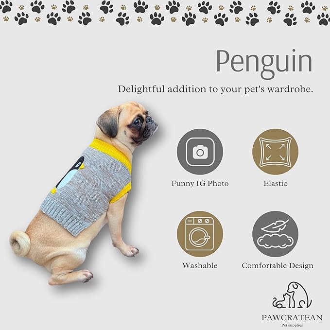 Cute Sweater for Dogs and Cats Soft Flannel Pet Outfit Warm and Cozy Animal Hoodie Small to Large Pet Clothes for Halloween Parties and Everyday Wear (Large, Grey Pinguin)