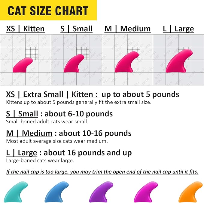 zetpo 100 pcs Cat Nail Caps | Cat Claw Covers | with Adhesives and Applicators (M, Turquoise, Sky Blue, Purple, Rose, Orange Peel)