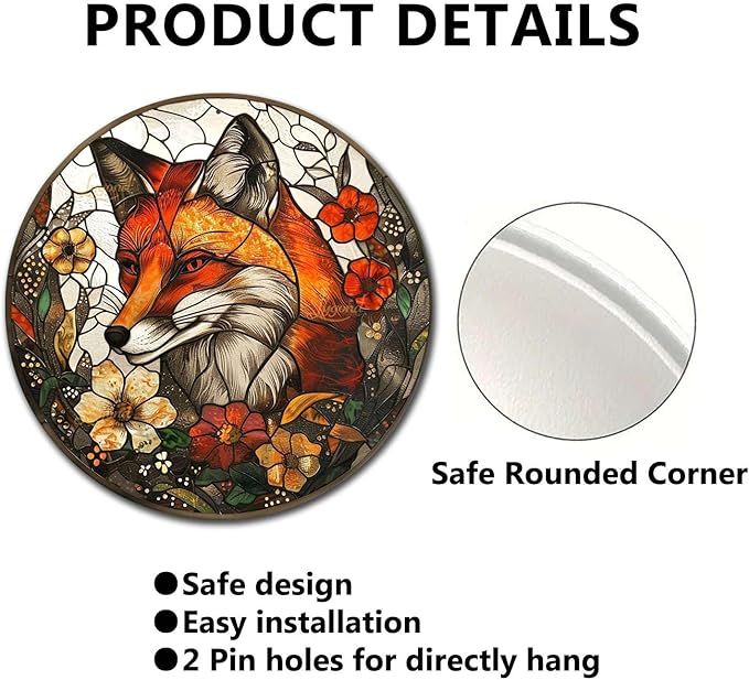 Lygond Metal Sign Tin Sign Circular Stained Glass Fox Boho Bedroom Decorations for Home Decor 8×8 Inches
