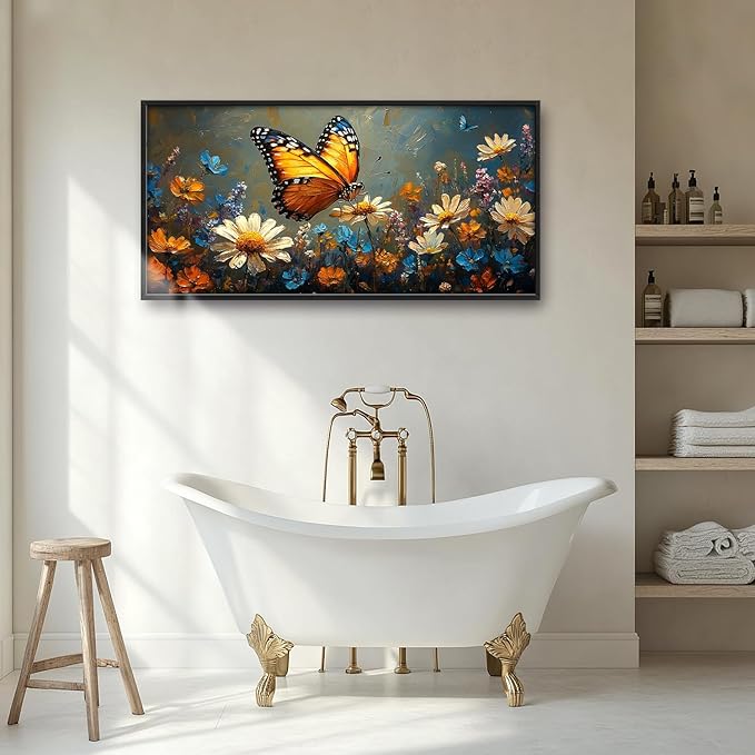 Large Butterfly Daisy Wall Art for Living Room, Floral Landscape Canvas Oversized Wall Decor, Flower Scenery Aesthetics Framed Pictures Painting Print Artwork for Bedroom Office 60"L x 30"W