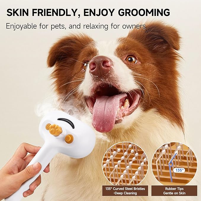 Pet Steam Brush for Dogs & Cats with Paw Cleaner & Shampoo – 3-in-1 Grooming Spray Comb, Mist Massage & Defur Function, Water Spritz Deshedding Tool for Long/Short Hair, Indoor Pets