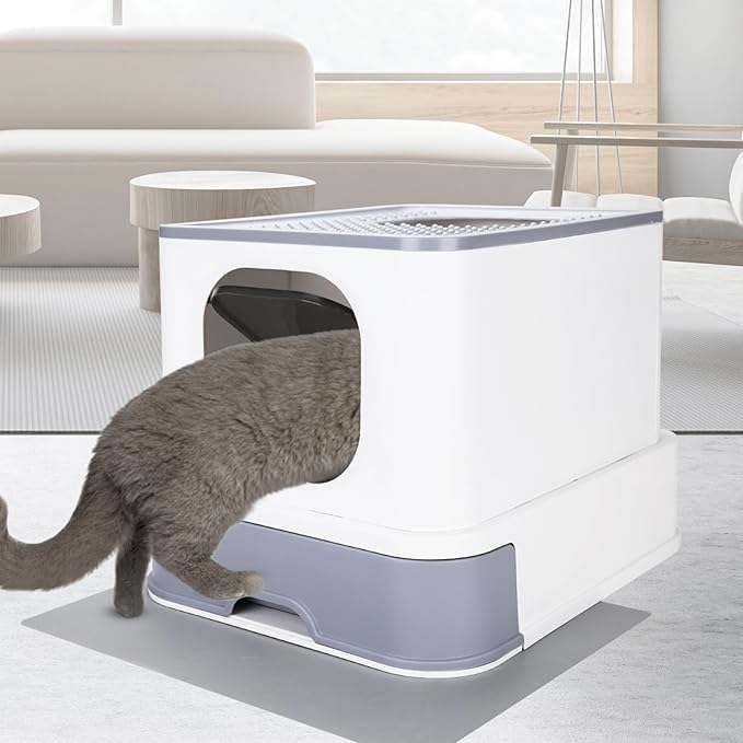 RIZZARI Cat Litter Box Stainless Steel Top-Entry : Leak-Proof Enclosed Design Reduces Odor, for Indoor Cats & Owners (White)