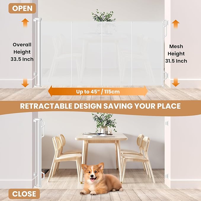 Reinforced Retractable Baby Gate or Mesh Dog Gate,Easy to Use for Stairs, Doorways, Hallways, Indoor, Outdoor, Wide Pet Gate 33.5" Tall, Extends to 45" Wide, White