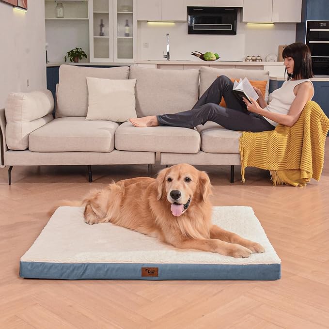 Dog Beds for Large Dogs, Orthopedic Dog Bed for Extra Large Dogs, Big Waterproof Pet Bed with Washable Removable Oxford Cover, Blue White
