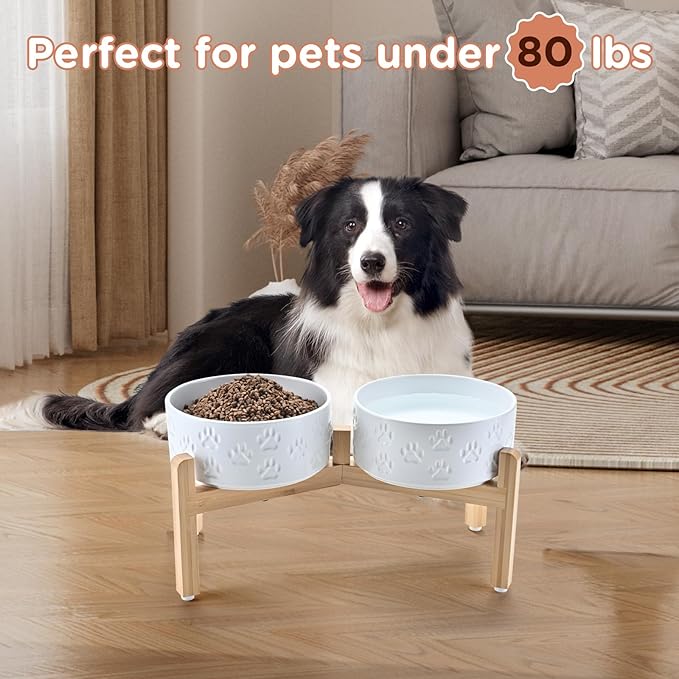 SPUNKYJUNKY Elevated Dog Bowls Ceramic, 7.3'' Dogs Food Water Bowls Raised with Non-Slip Bamboo Stand for Medium to Large Sized Breed Microwave Dishwasher Safe - 42 OZ,Paw White