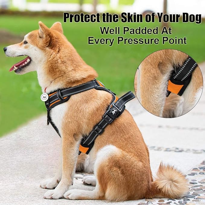 PoyPet No Pull Dog Harness, Reflective Comfortable Vest Harness with Front & Back 2 Leash Attachments and Easy Control Handle Adjustable Soft Padded Pet Vest for Small to Large Dogs (Orange,XL)