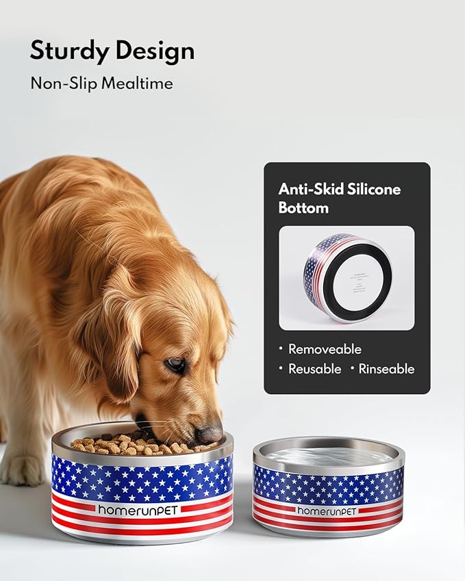 Homerunpet Double Wall Stainless Steel Dog Bowls, Non-Slip Base, Dishwasher Safe, Durable Pet Food & Water Bowl for Dogs & Cats(32oz, American Flag)