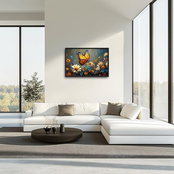 Large Butterfly Daisy Wall Art for Living Room, Floral Landscape Canvas Oversized Wall Decor, Flower Scenery Aesthetics Framed Pictures Painting Print Artwork for Bedroom Office 36"L x 24"W