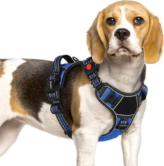 Eagloo Dog Harness Small Sized, Easy Wearing with 3 Buckles, Adjustable No Pull Pet Harness with 2 Rings for Walking, No Chock Reflective Soft Padded Vest with Control Handle, Blue & Black, S