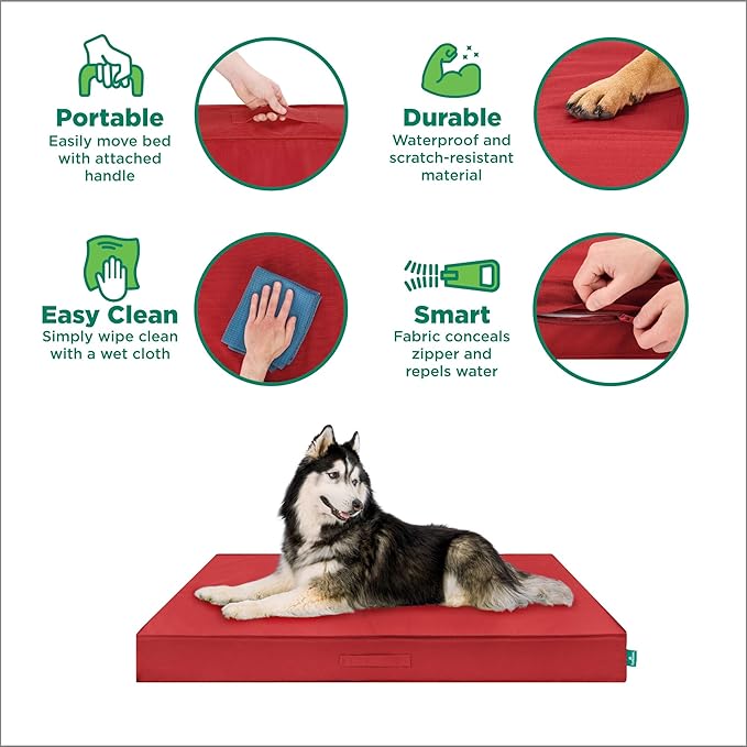FurHaven Cooling Dog Bed – XXL Foam Mattress for Joint Pain Relief, Waterproof Liner, Removable Washable Cover, Durable for Outdoor Use, Deluxe Grid Indoor/Outdoor Bed – Red, Jumbo Plus