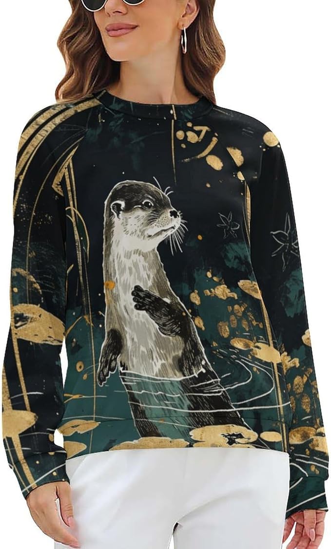 Womens Long Sleeve Tops Y2k Japanese Art Print Sweatshirts Fall Pullover for Women Crewneck Vintage Shirts Boho Tops