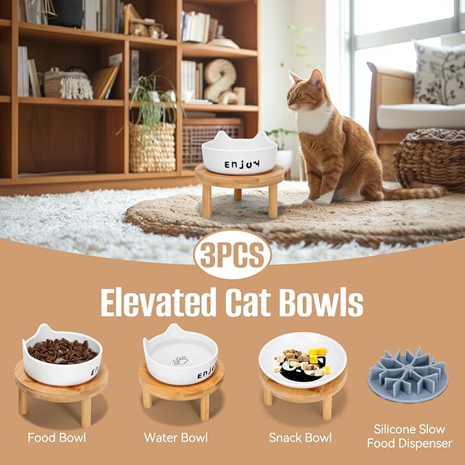3PCS Elevated Cat Bowls,Wide Raised Ceramic Pet Dishes with Bamboo Stand, Whisker Friendly Pet Water or Food Plates Feeding Station for Indoor Small Dogs, Kitten (White(3PCS))