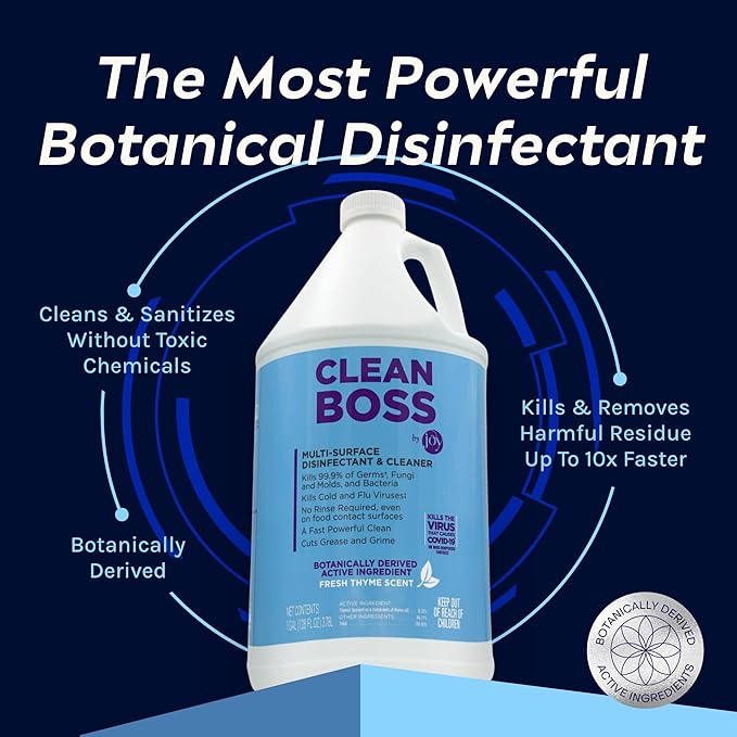 CleanBoss Botanical Disinfectant - Multi-Surface Cleaner - 128 oz - Kills 99.9% of Germs + Cold & Flu Viruses - Fresh Thyme Scent - No Rinse on Food Contact Surfaces - Pet Friendly