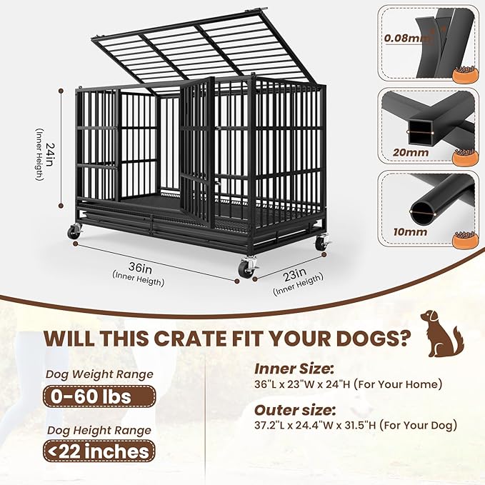 LEVELEVE 38 Inch Heavy Duty Indestructible Dog Crates for Large Dogs,Escape Proof Dog Cage Large Dogs with Lockable Wheels,Dog Kennel Furniture Indoor&Outside