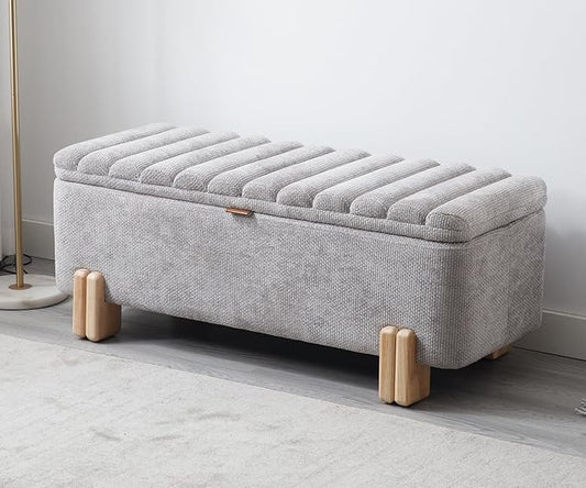 Kmax 45" Storage Bench Velvet Entryway Bench Upholstered Ottoman Bench with Wavy Top & Safty Hinge for Bedroom Living Room Hallway, Grey