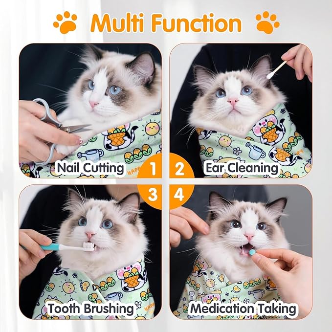 Cat Wrap for Cutting Nails, 27.6''x 27.6'' Self-Adherent Cat Grooming Wrap with Nail Clipper, Anti-Escape Calming Cat Swaddle Wrap for Medicine, Nail Clipping, Teeth Brushing, Ear Cleaning